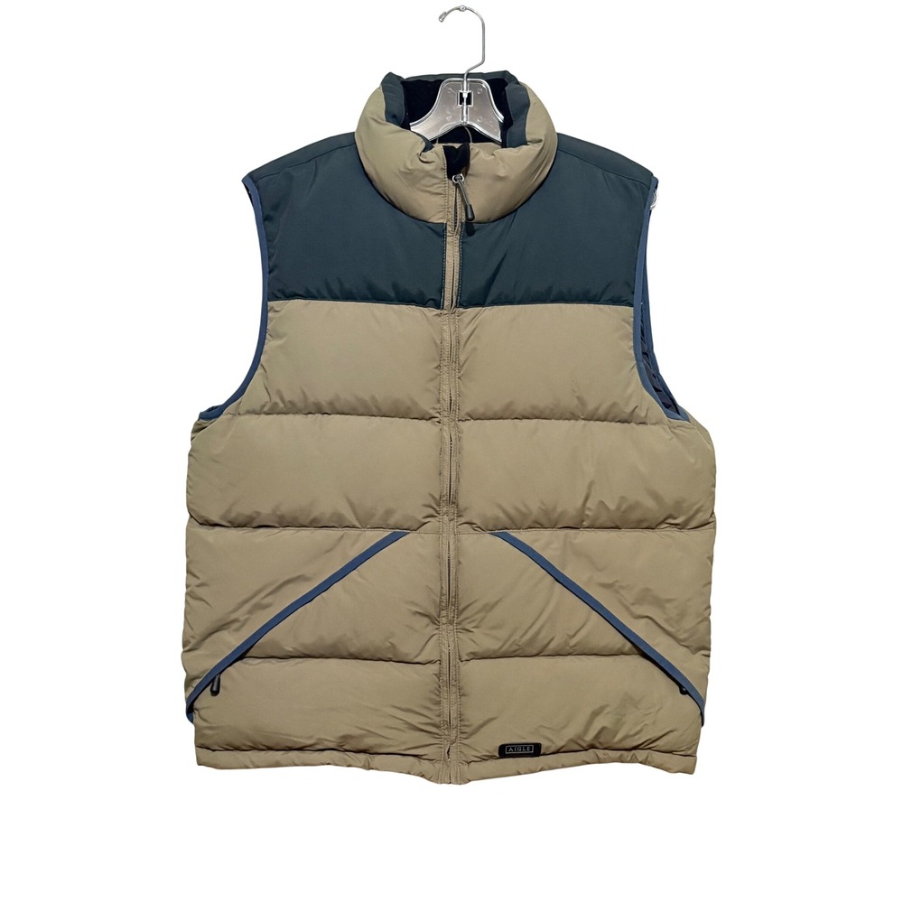 Aigle Mens Down Puffer Vest Tan Navy Blue Colorblock Full Zip Insulated Large